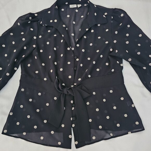 CATO Black Sheer Polka Dot Waist Tie 3/4 Sleeve Blouse Women's Size XL - Picture 5 of 14